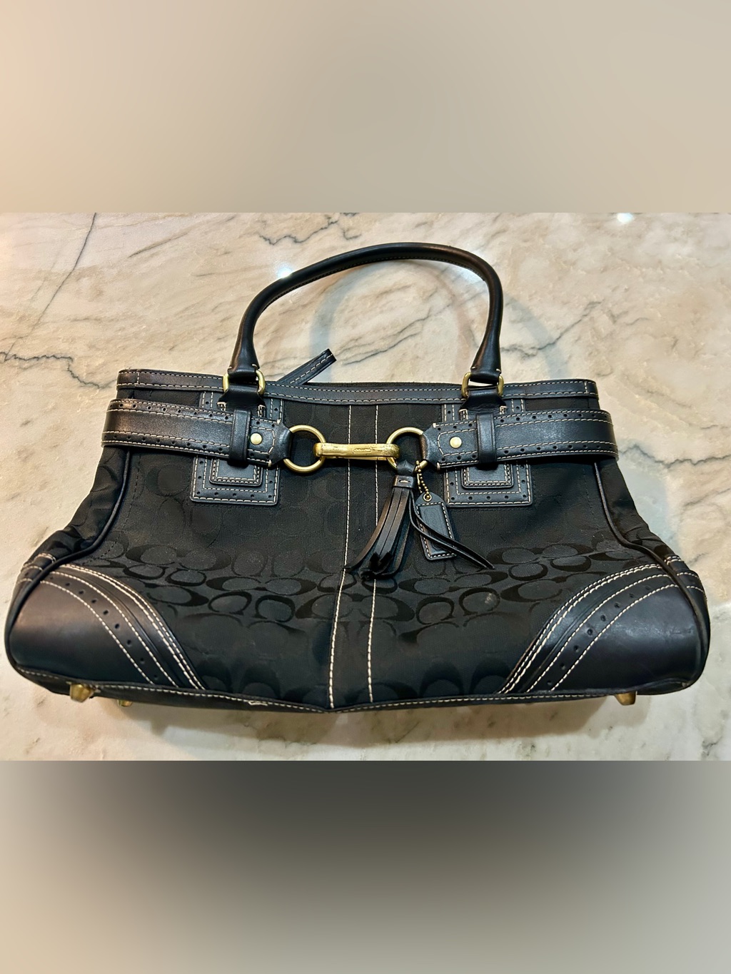 Vintage Coach Black Signature Canvas Shoulder Bag, Leather Straps, Gold Hardware